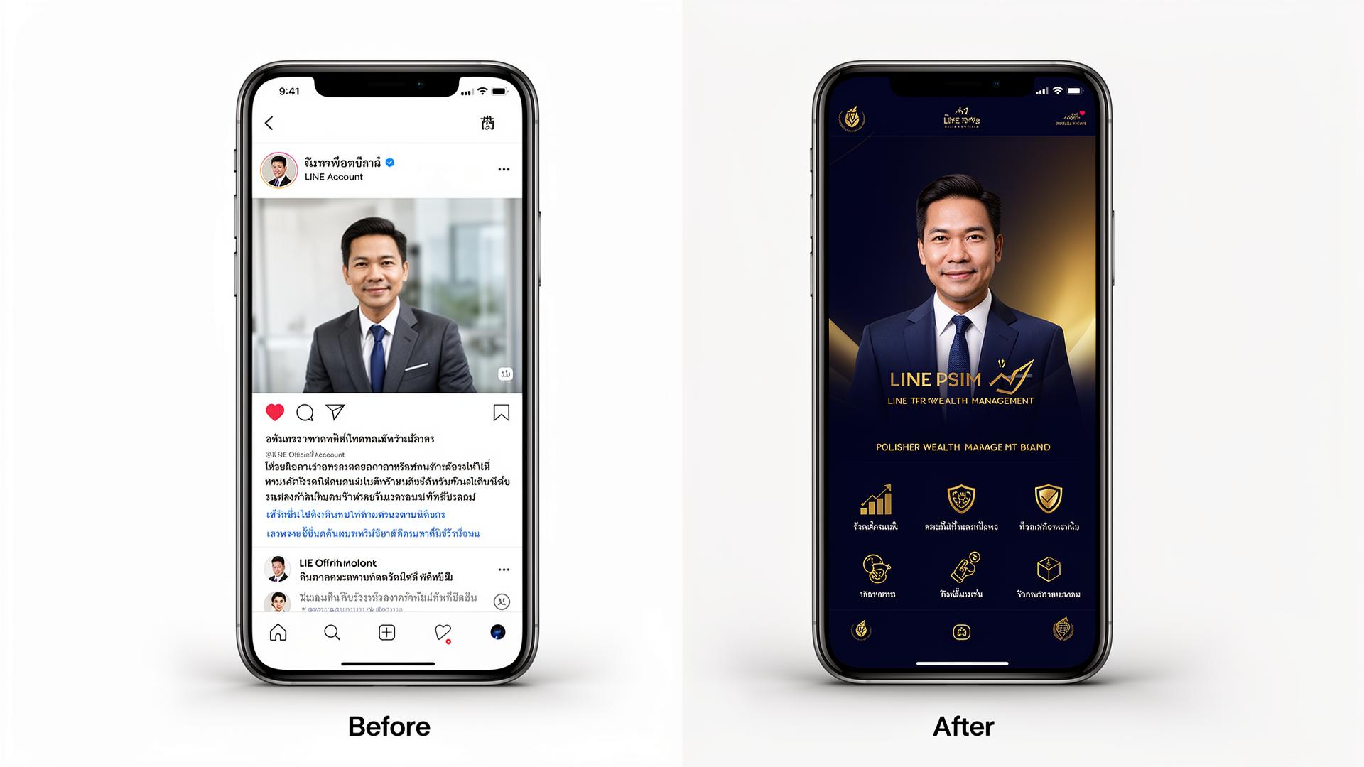 Before and after comparison of a Thai financial advisor's LINE Official Account profile transformed by CMSK Premium branding